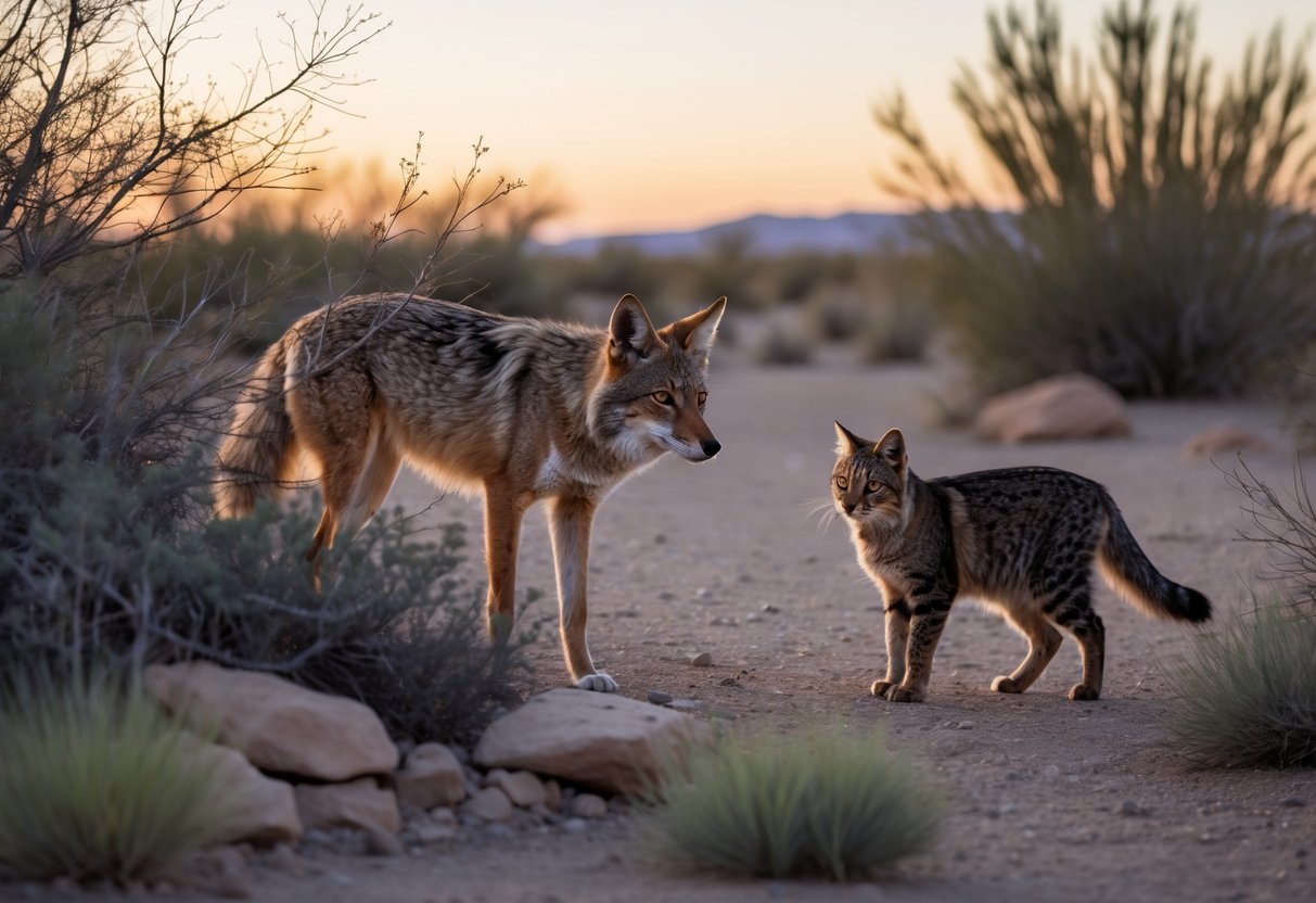 A coyote and a cat cautiously observe each other in a desert landscape at sunset.