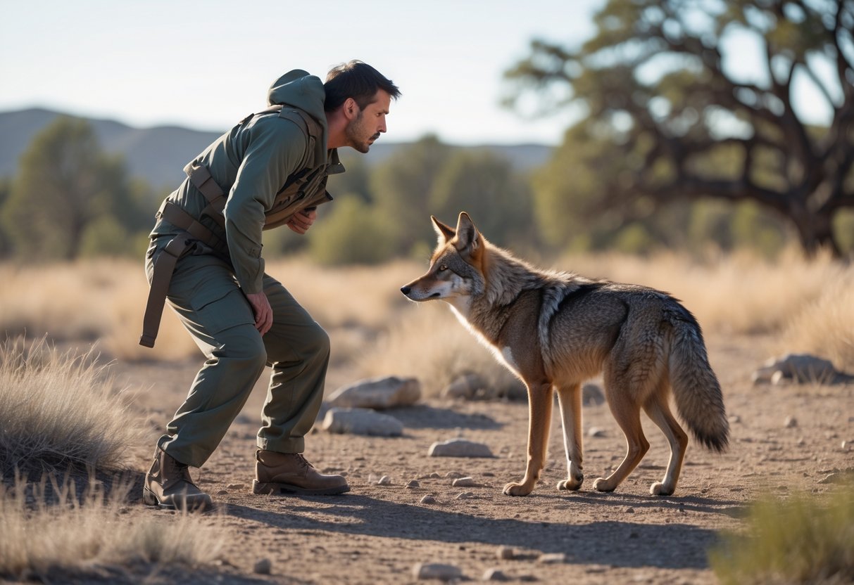 A human and a coyote face each other in a natural outdoor setting, both appearing alert and cautious.