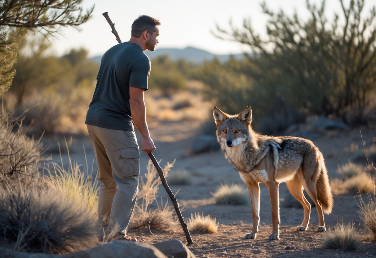 A person standing outdoors facing a wild coyote in a natural setting, both appearing alert and cautious.