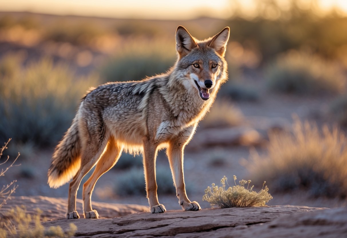 A coyote standing on rocky ground with its mouth open as if barking, surrounded by desert vegetation and warm sunlight.