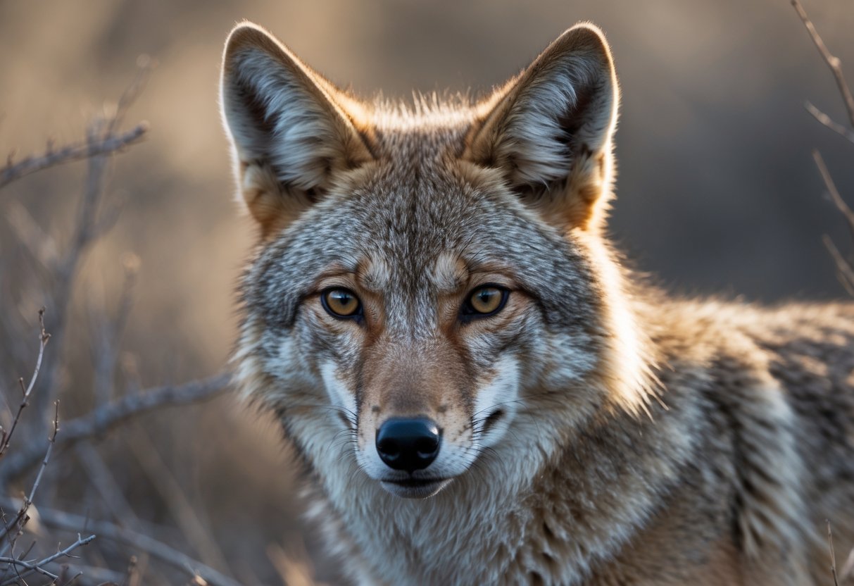 Close-up of a wild coyote looking directly at the camera in a natural outdoor setting.