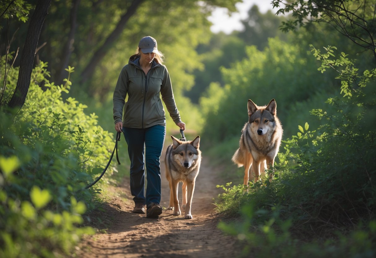 A person walking a dog on a forest trail with a coyote following behind them.