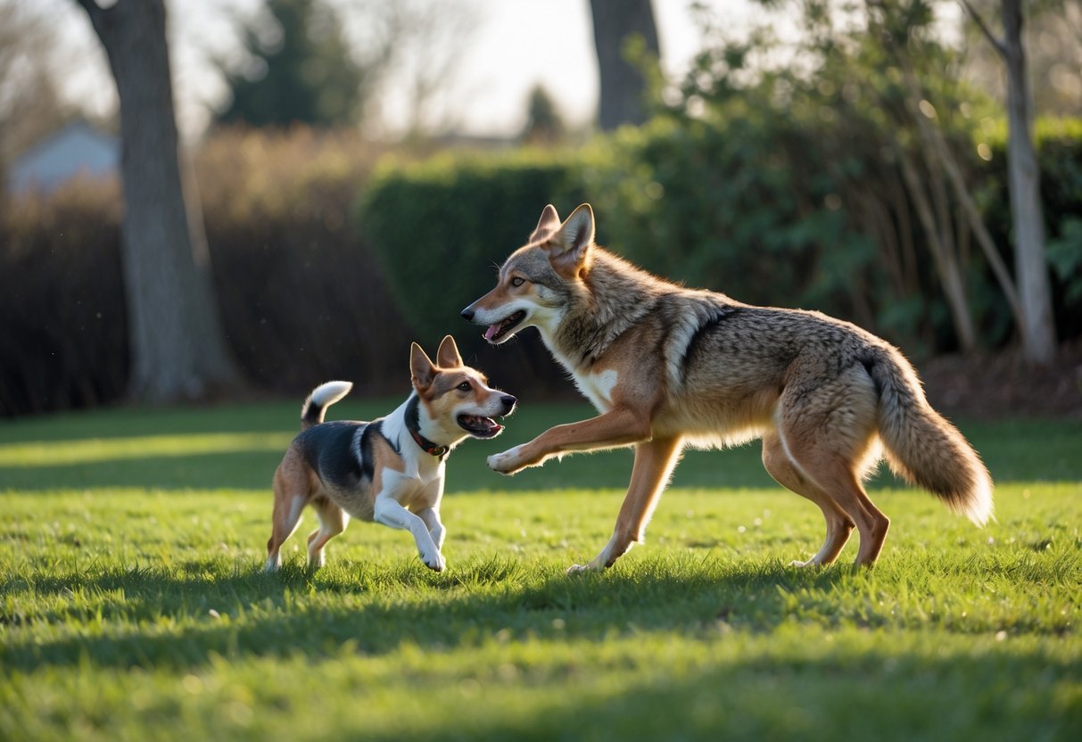 A coyote lunges at a small dog in a grassy park with trees in the background.