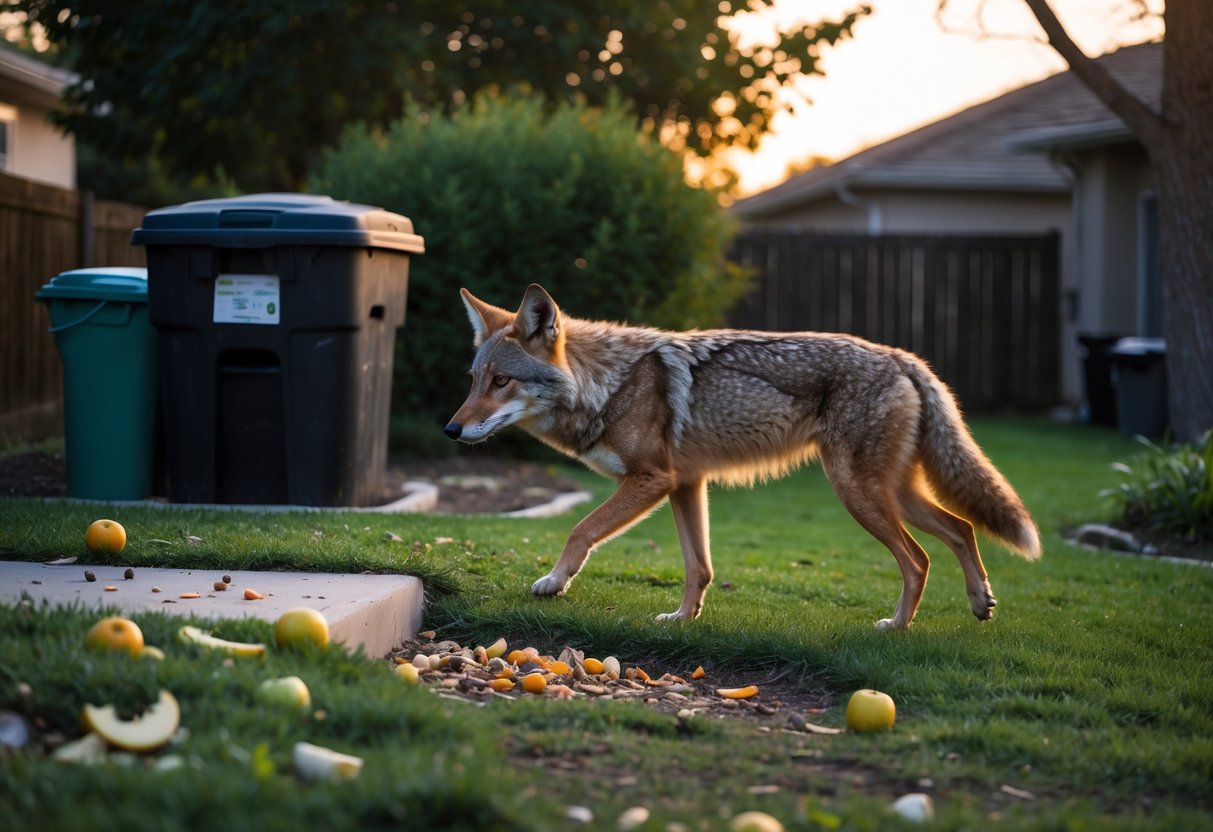 A coyote cautiously approaches a suburban backyard with a compost bin, bird feeder, and open trash bin at dusk.