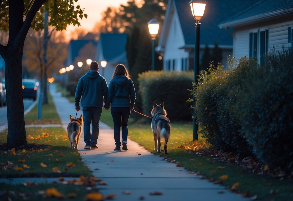 A family walking their dog near a suburban area at dusk while a coyote watches from behind bushes nearby.
