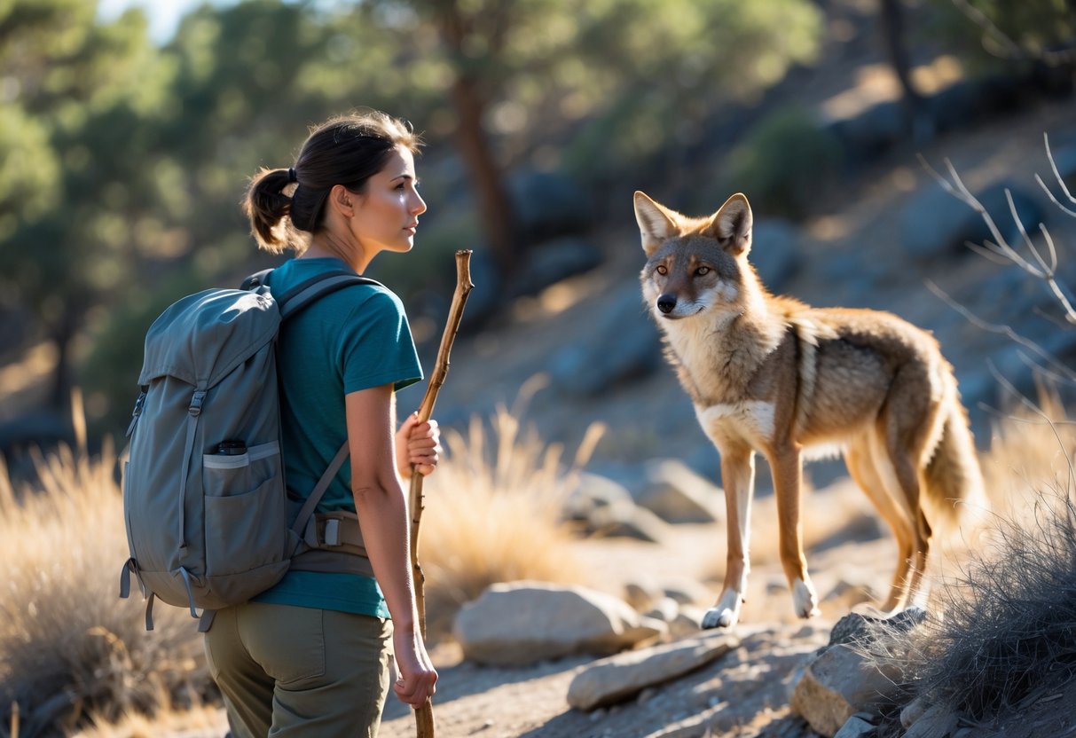 A person in hiking clothes looking back at a coyote in a natural outdoor setting.