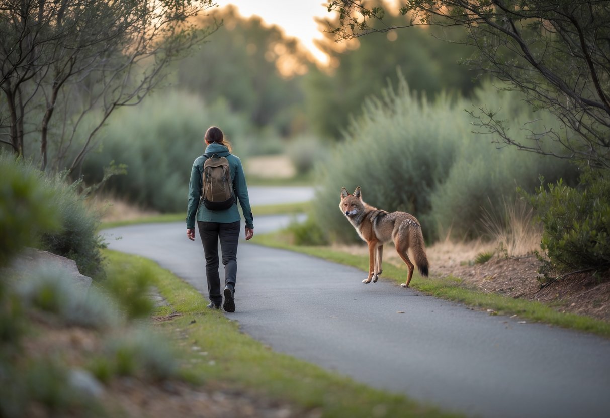 A person walking on a trail in a wooded suburban area with a coyote watching from behind bushes.
