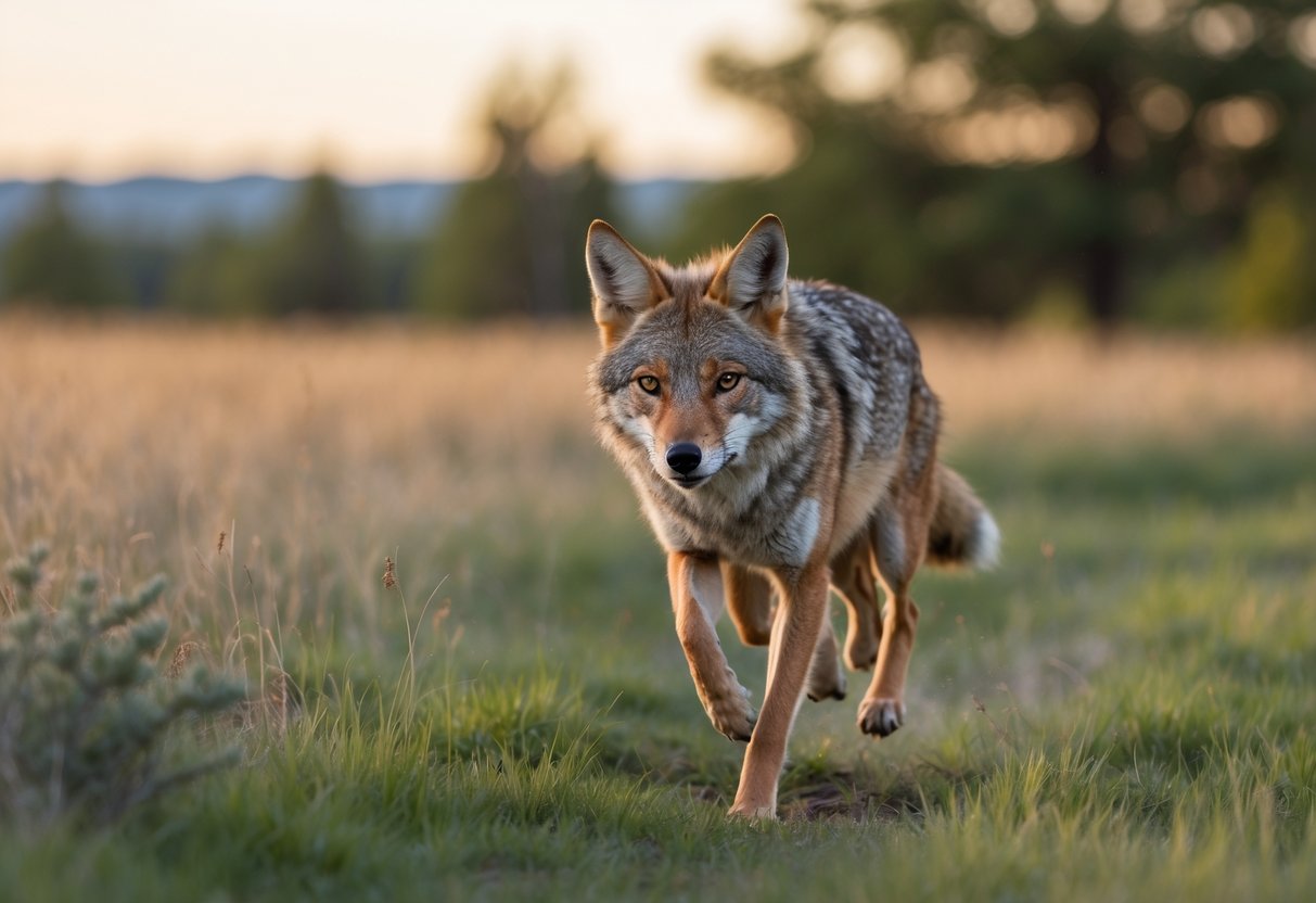 A wild coyote running through a grassy field with trees in the background.