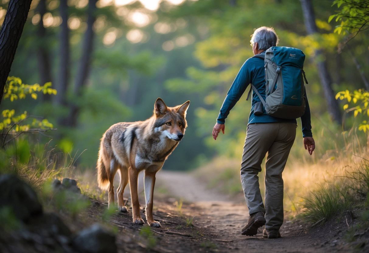 A coyote cautiously approaches a surprised hiker on a forest trail surrounded by trees and morning sunlight.