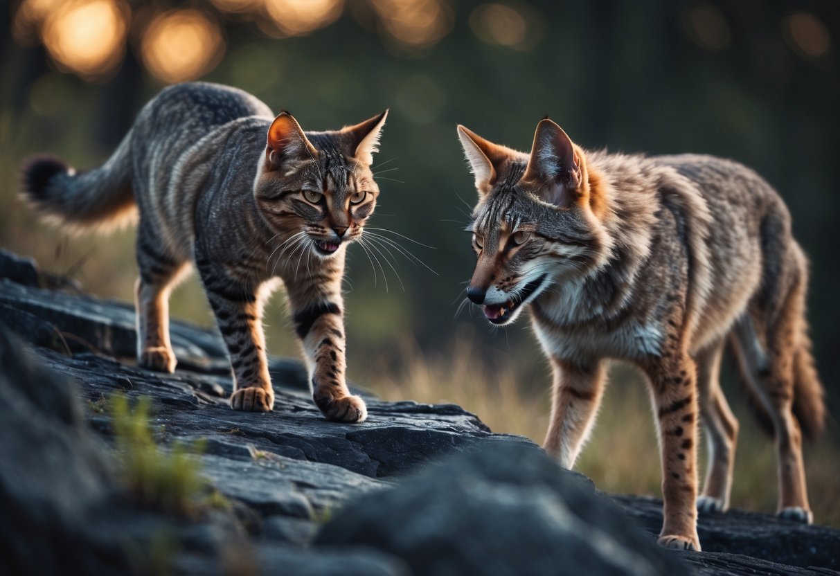 A domestic cat faces off against a cautious coyote in a natural outdoor setting at dusk.