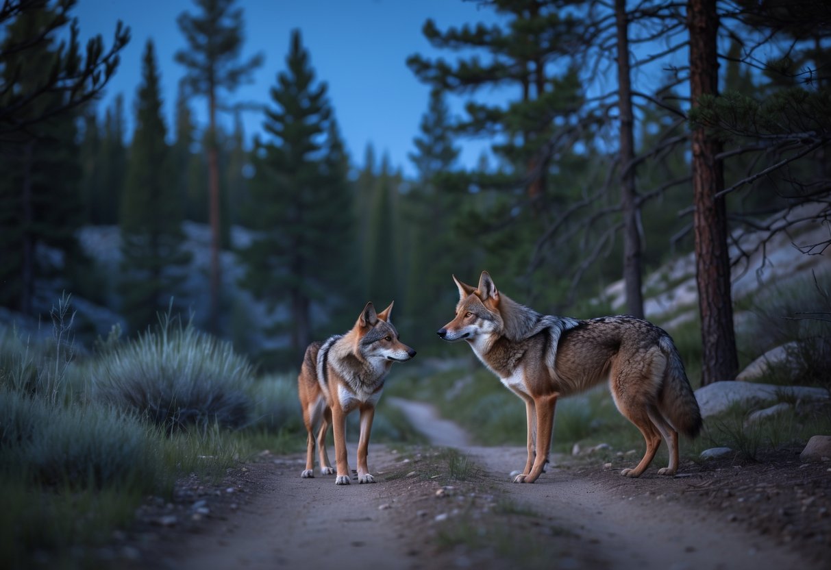 A wild coyote cautiously approaches a domestic dog standing on a forest path surrounded by trees and rocks.
