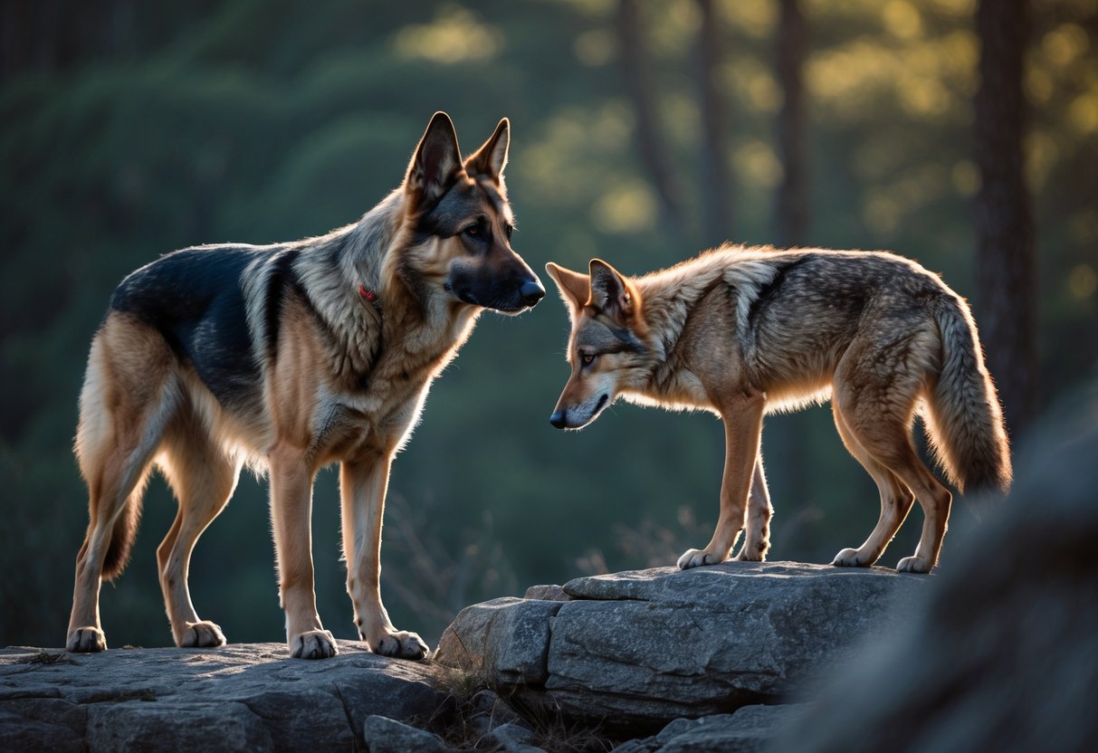 A German shepherd and a coyote face each other on rocky ground in a forest setting, both alert and focused.