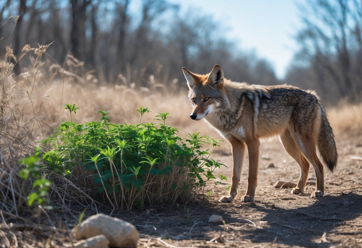 A coyote standing near strong-smelling plants in a natural outdoor setting, appearing cautious and turning away.