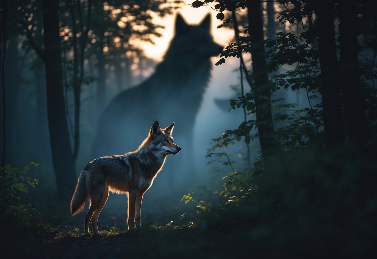 A cautious coyote standing alert in a forest at dusk, looking towards a shadowy figure in the background.