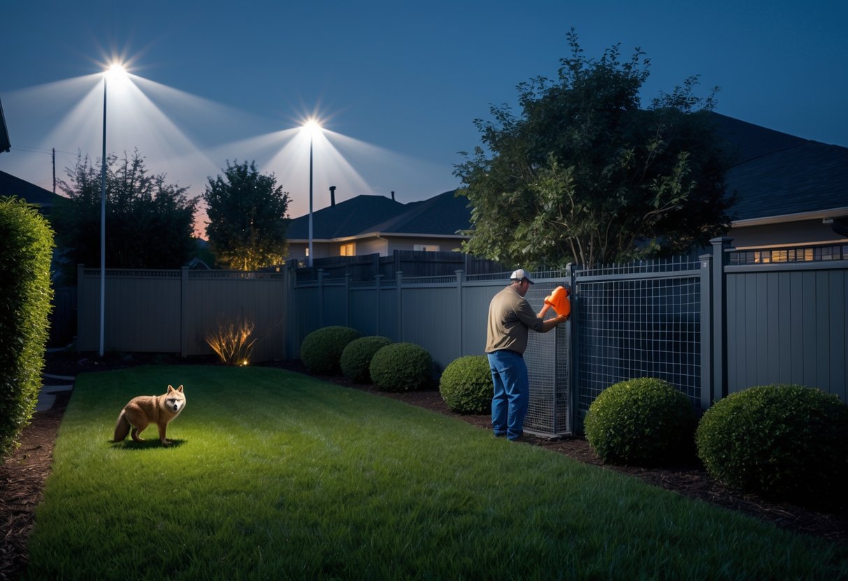 A suburban backyard at dusk with bright motion-activated floodlights, a tall secure fence, predator decoys, and a homeowner installing a coyote deterrent device.