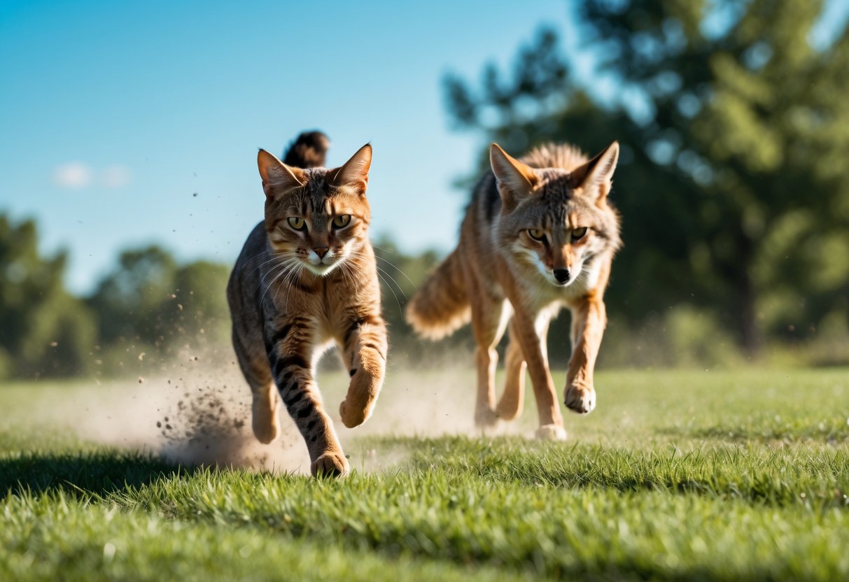 A cat running swiftly across a grassy field with a coyote chasing closely behind.