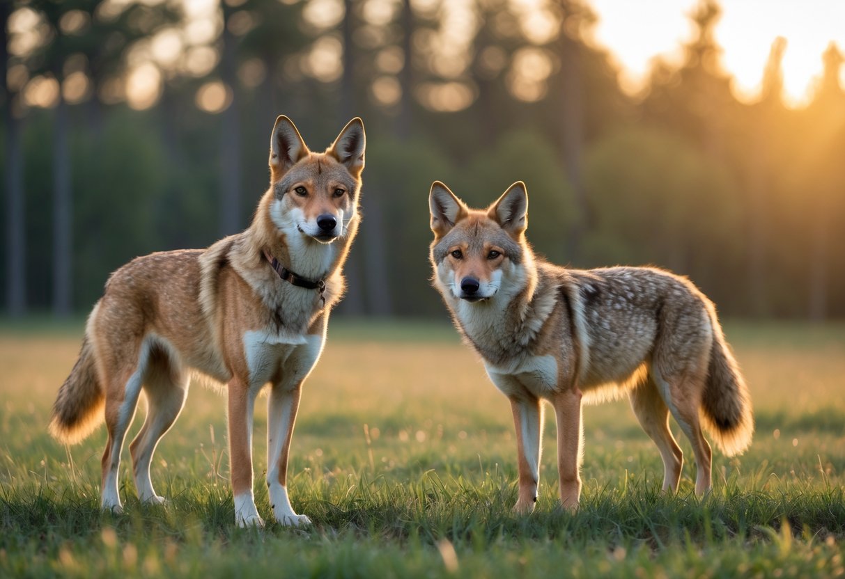 A domestic dog and a coyote standing close together in a grassy field near a forest at dawn.