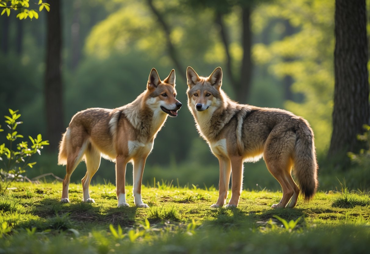 A dog and a coyote standing close together in a sunlit forest clearing surrounded by green trees and grass.
