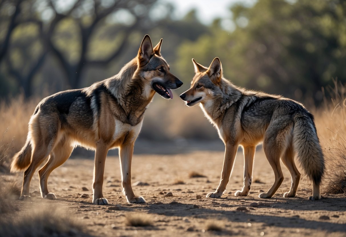 A domestic dog and a coyote facing each other in a forest clearing, appearing tense and alert.