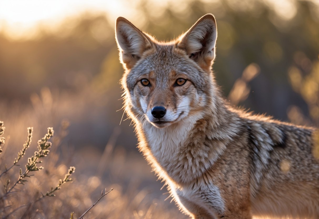 A close-up of a calm coyote looking gently towards the camera in a natural grassy environment during warm sunlight.
