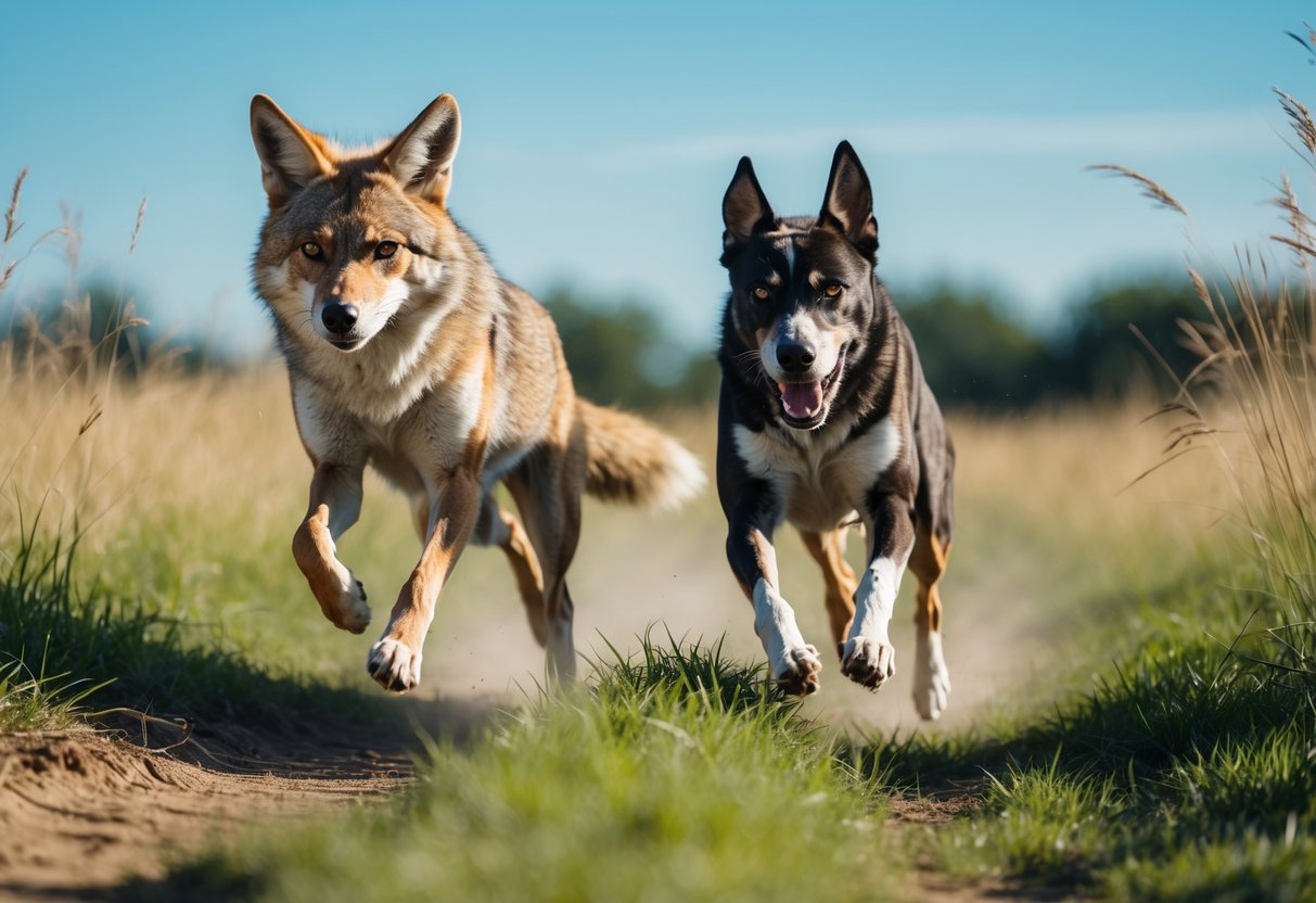 A coyote and a dog running side by side across a sunlit open field.