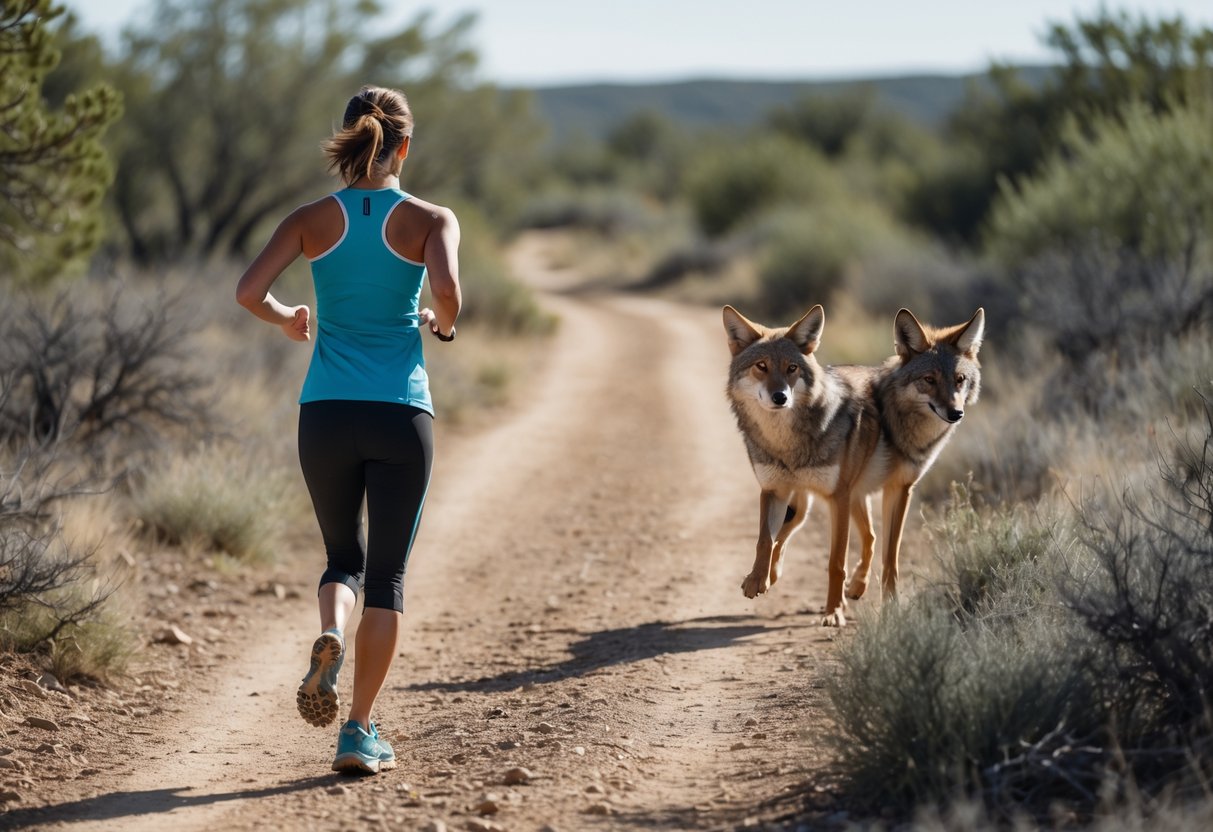 A person running on a trail with a wild coyote standing ahead, looking alert in a natural outdoor setting.