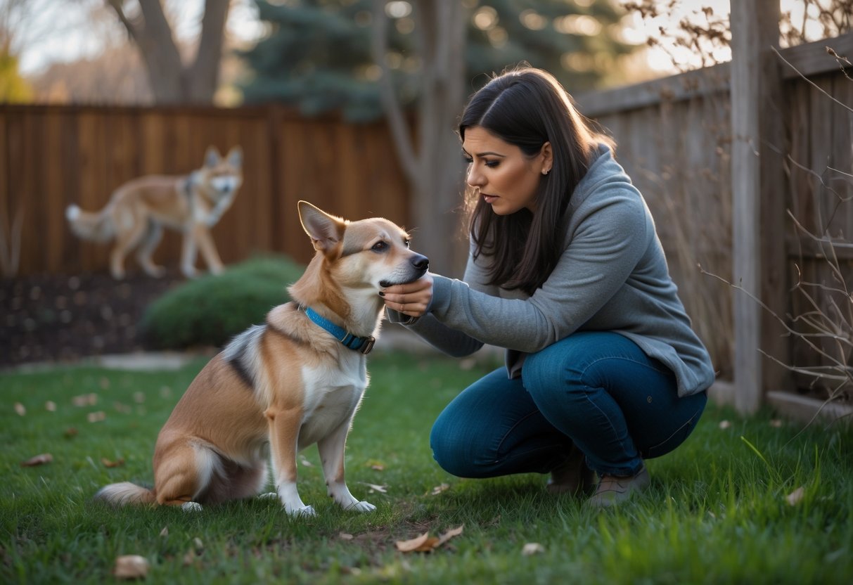 A dog owner inspecting their dog outdoors with a coyote silhouette visible in the background near trees.