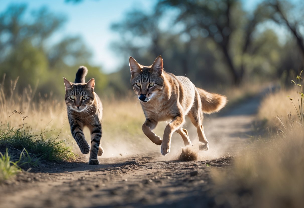 A cat and a coyote running side by side outdoors in a natural setting.