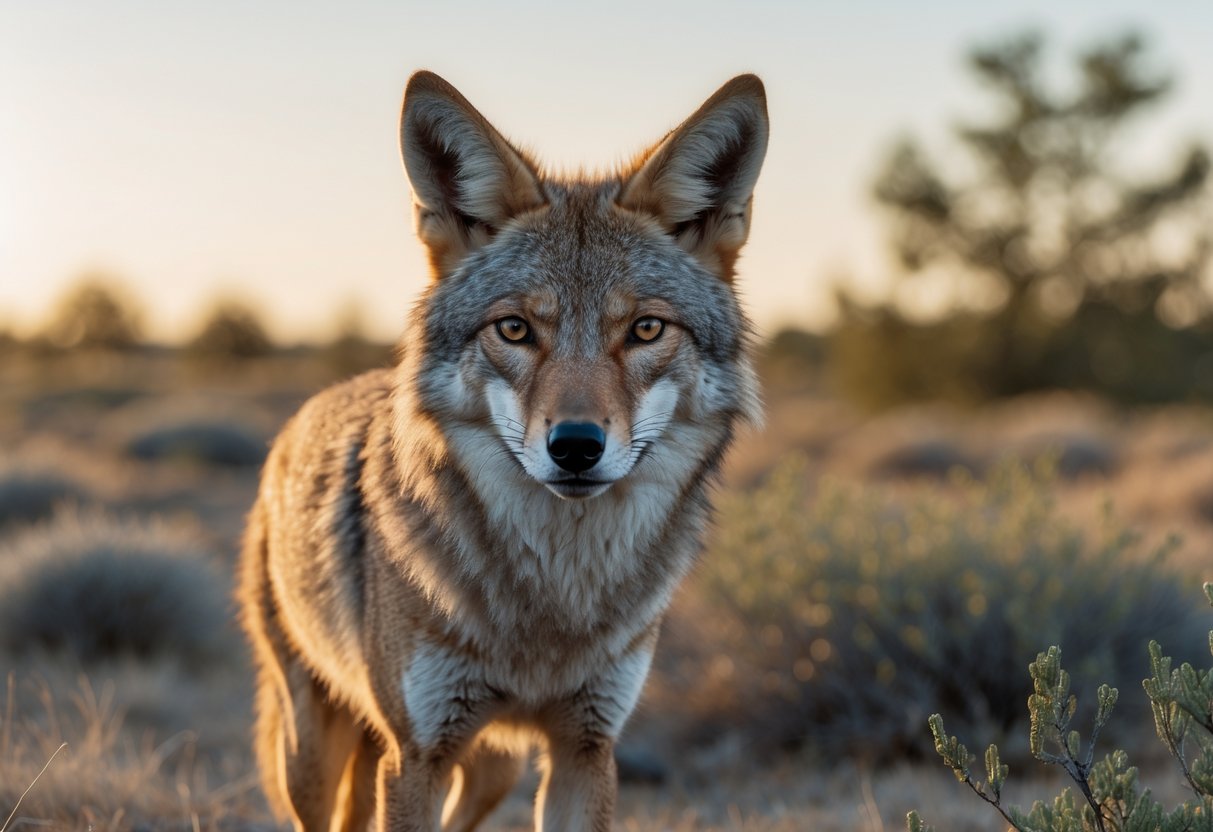 A wild coyote standing alert in an open grassland at dawn, looking cautiously towards the camera.