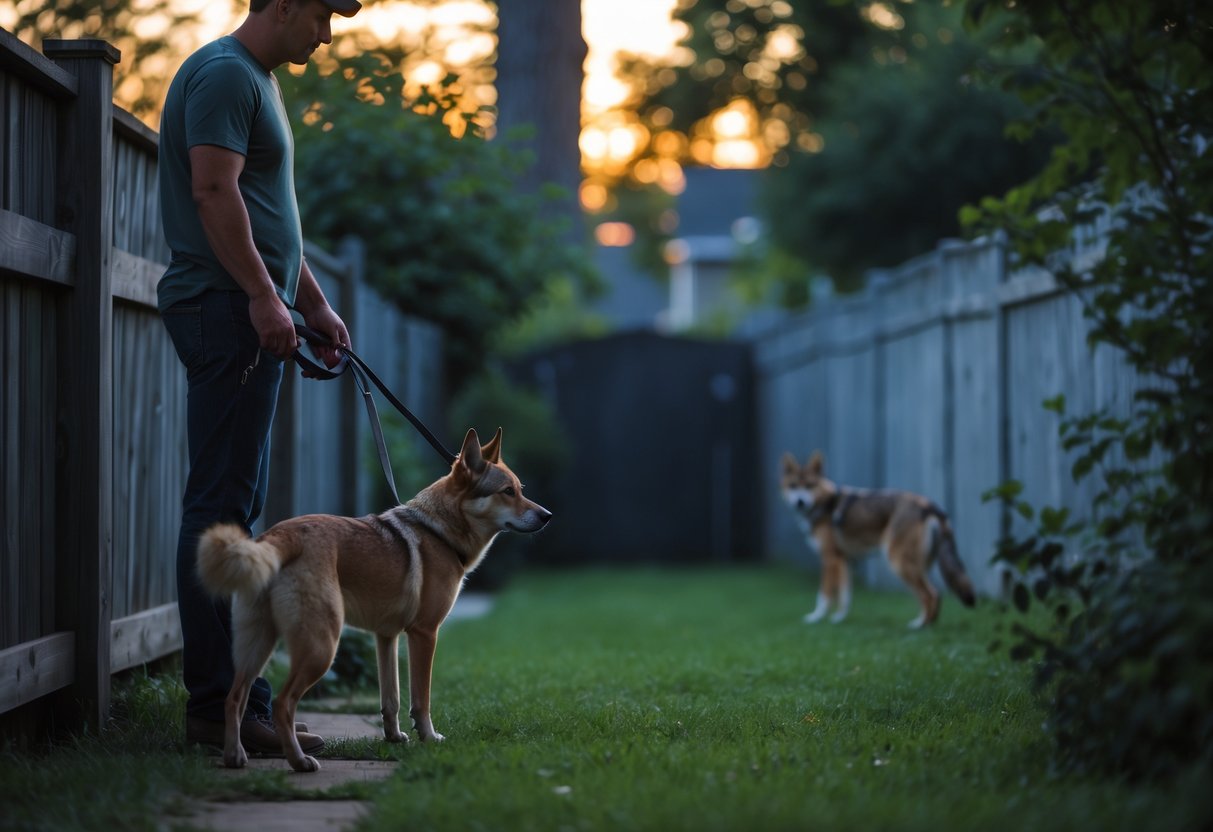 A dog owner watches carefully over their alert dog in a backyard at dusk with a faint coyote shadow visible near the bushes.