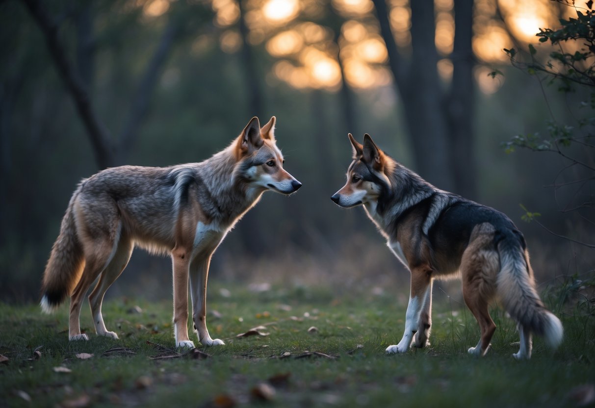 A coyote and a medium-sized dog face each other outdoors in a natural setting, appearing alert and cautious.