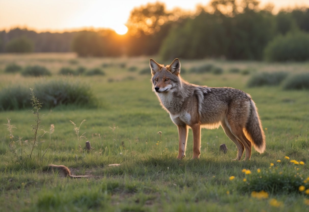 A coyote standing alert in a grassy field with wildflowers and trees in the background during sunset.