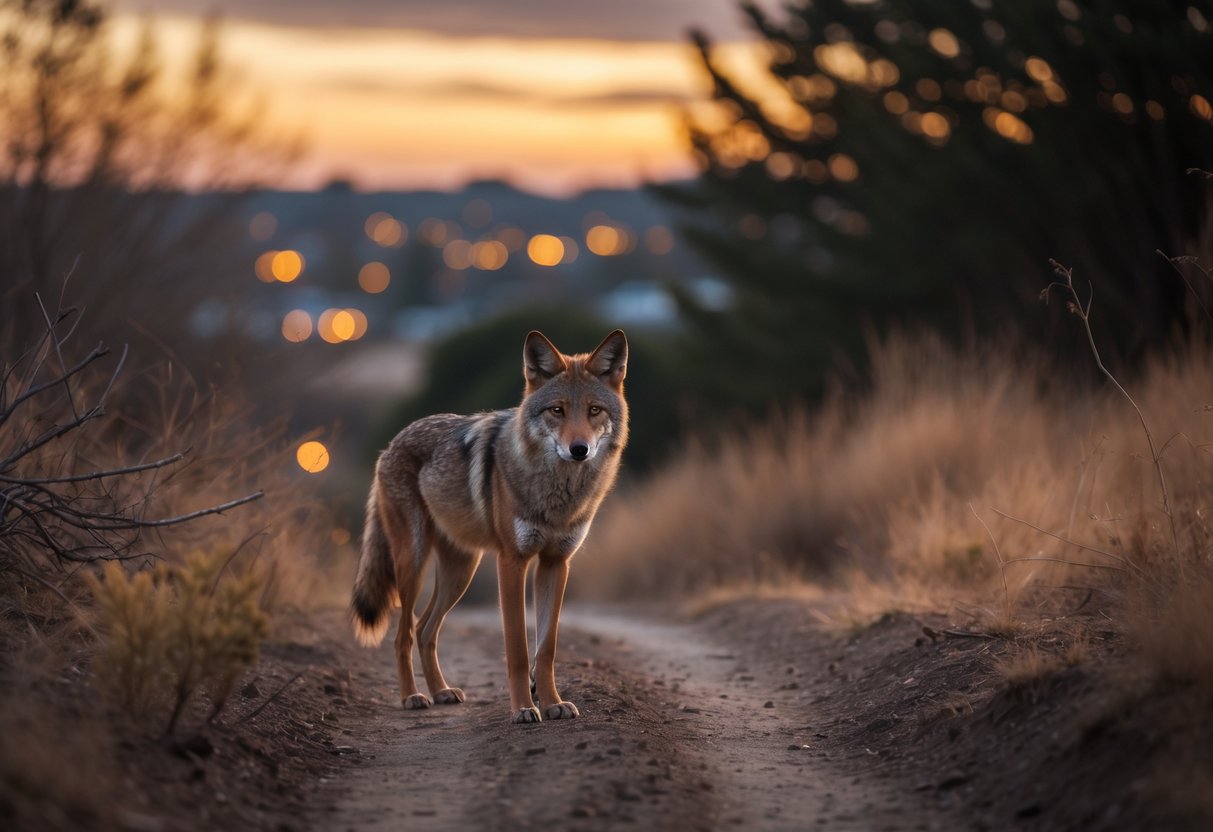 A coyote standing alert on a dirt path near the edge of a forest with distant houses and city lights in the background at sunset.