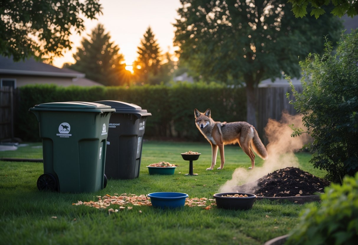 A suburban backyard with an open garbage bin, bird feeder, pet food bowls, and a compost pile, with a coyote peeking from behind a tree.