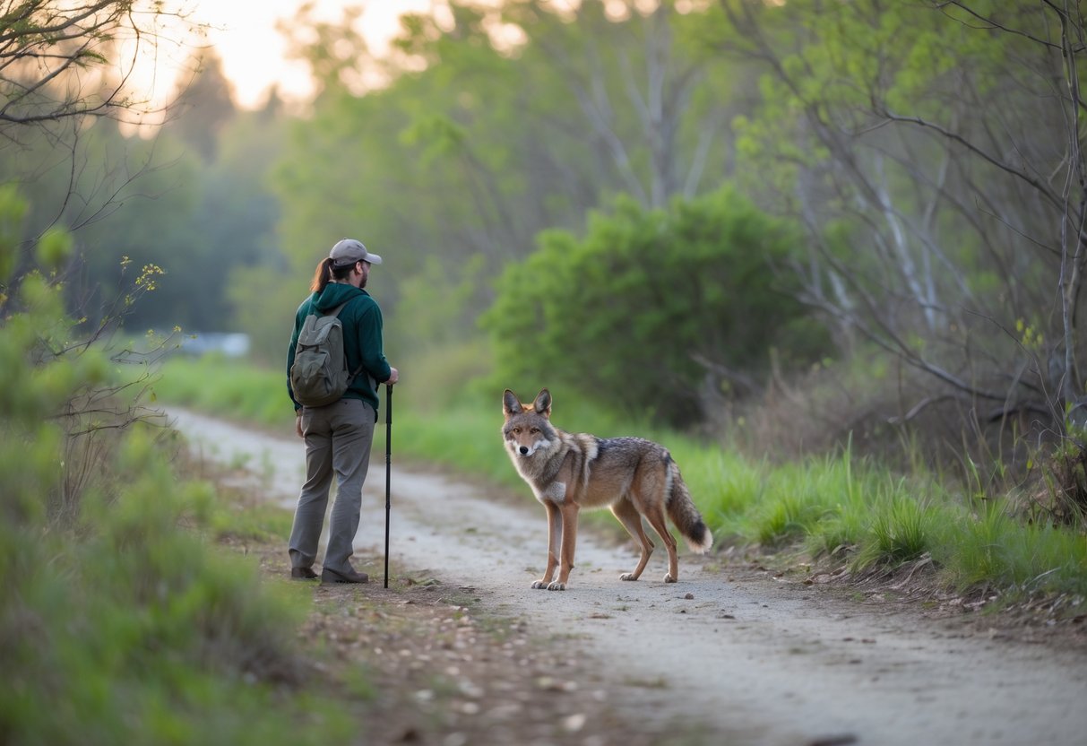 A person watching a wild coyote from a safe distance in a forested outdoor area during the day.