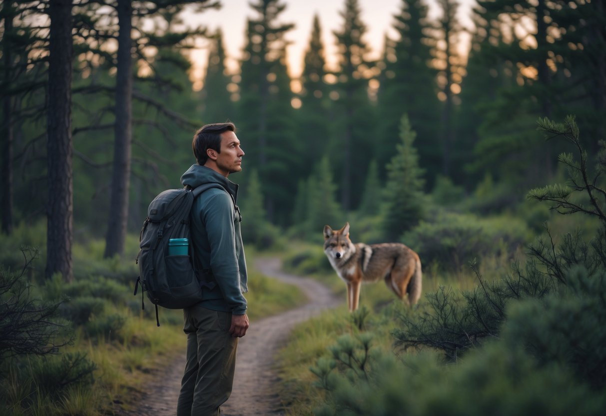 A hiker on a forest trail at dawn looking cautiously toward a partially hidden coyote in the trees.