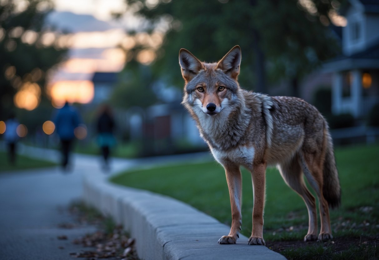 A coyote standing alert near a suburban park with houses and trees in the background at twilight.