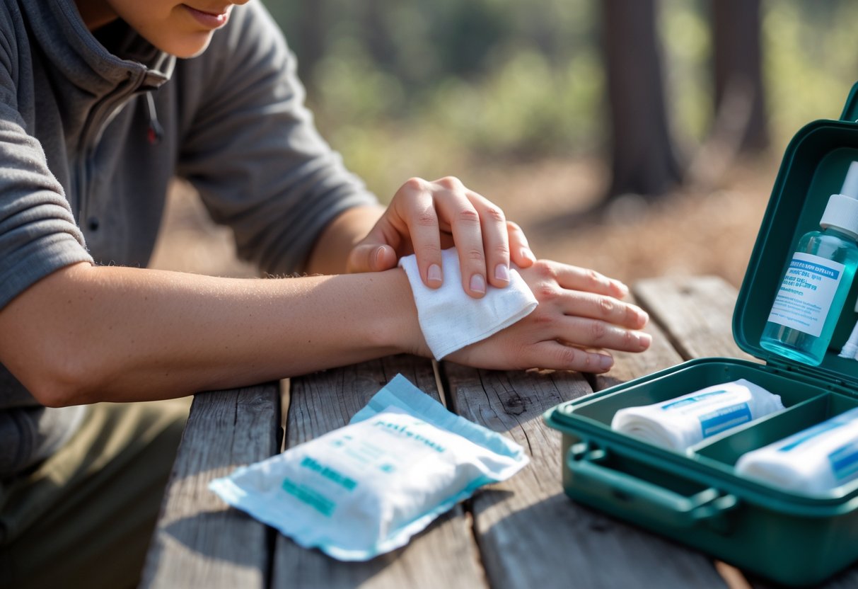 A person outdoors cleaning a small wound on their arm with a cloth near an open first aid kit on a picnic table in a natural park setting.