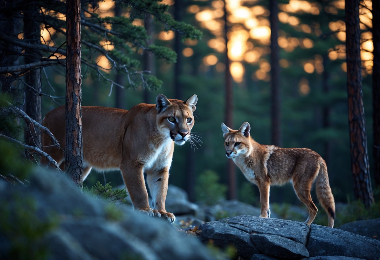 A mountain lion stealthily approaches a cautious coyote in a forest setting at dusk.