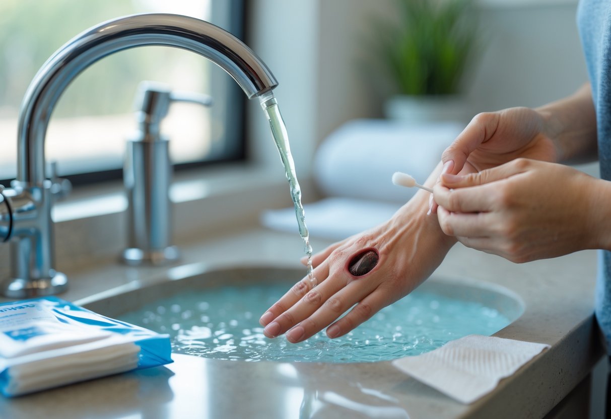 A person rinsing a small bite wound on their hand under running water with a first aid kit nearby.