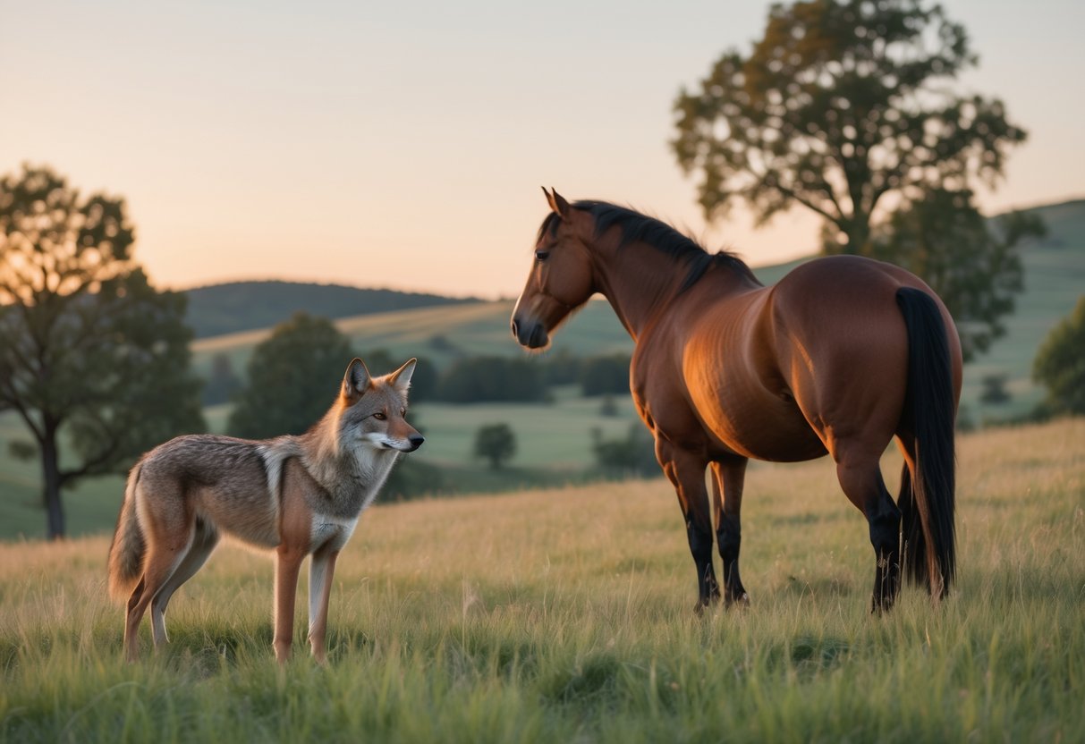 A coyote cautiously looks at a calm brown horse standing in a grassy field at dusk.
