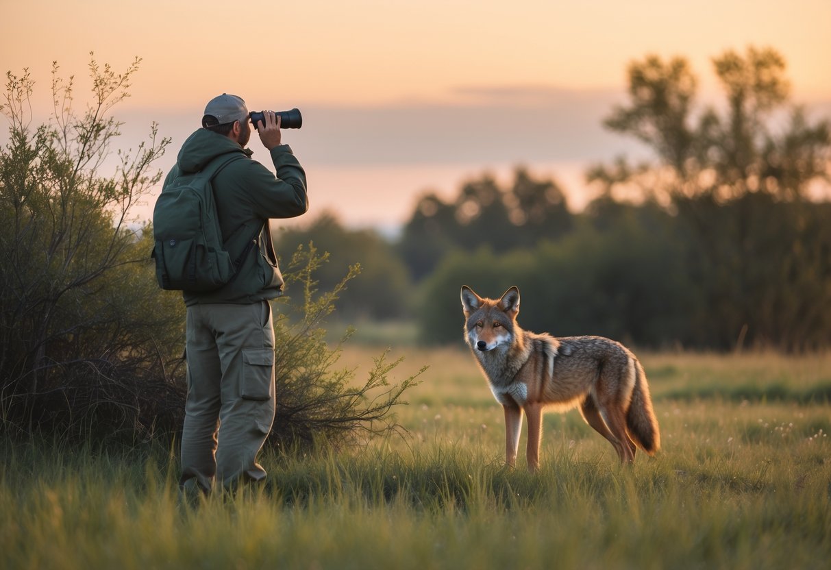 A person watching a coyote from a safe distance in a grassy field at dusk.