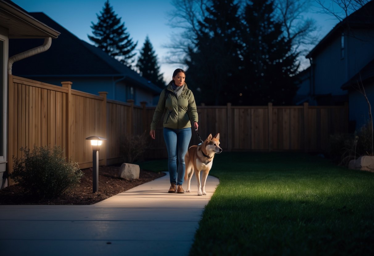 Person holding a dog on a leash in a fenced backyard with outdoor lights on at dusk.