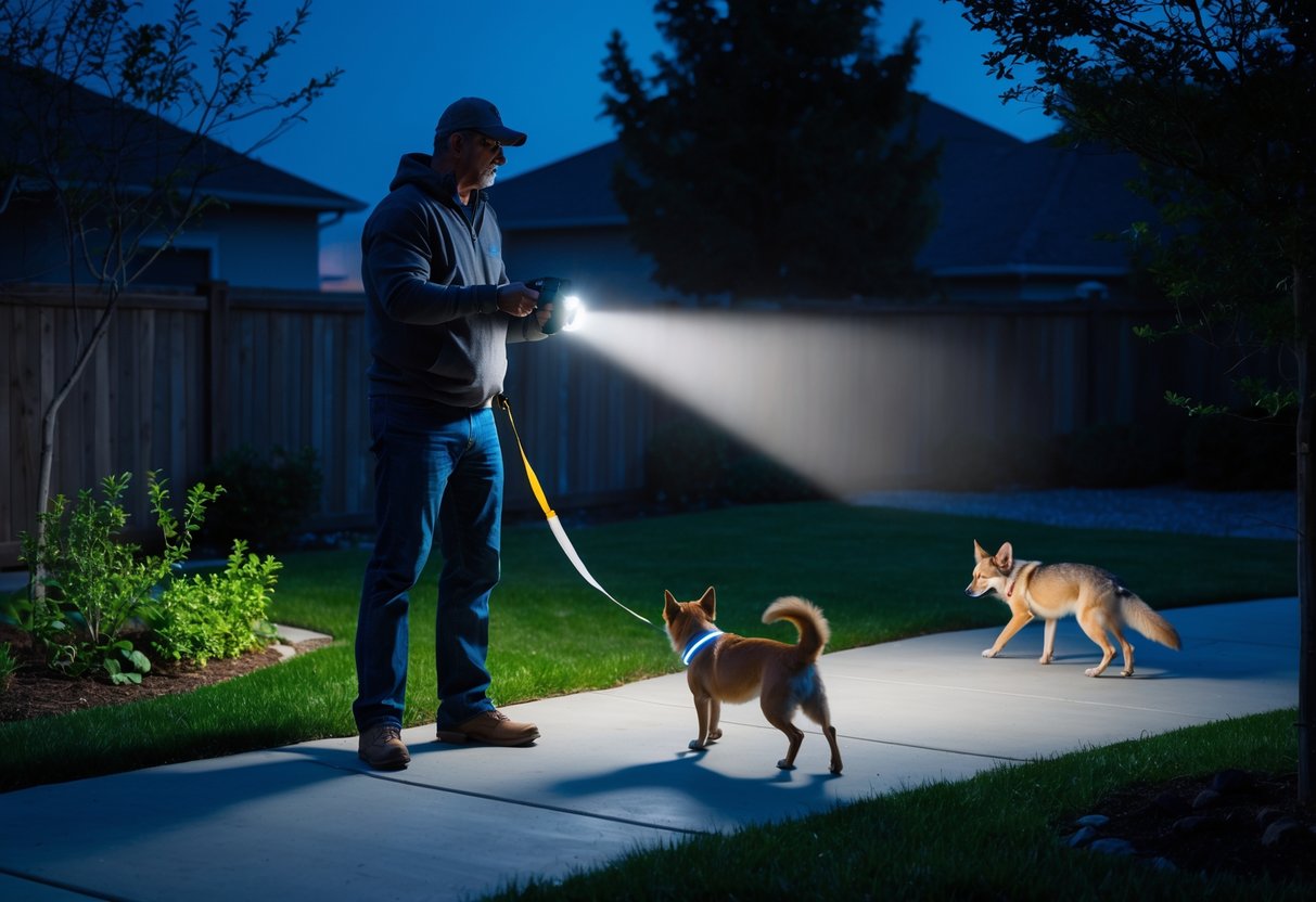A person protecting a small dog in a fenced backyard at dusk as a coyote retreats nearby.
