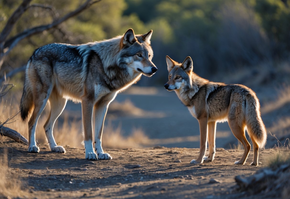 A large gray wolf and a smaller coyote standing in a forest clearing with visible animal tracks on the ground.