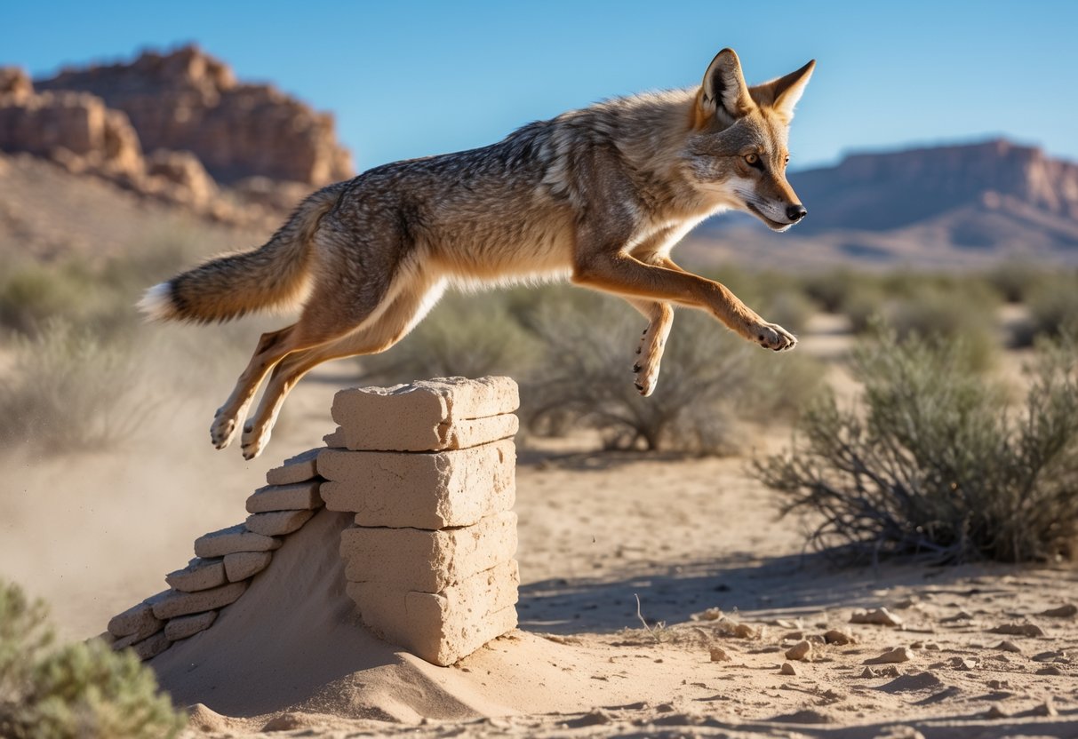 A coyote jumping over a natural obstacle in a desert landscape.