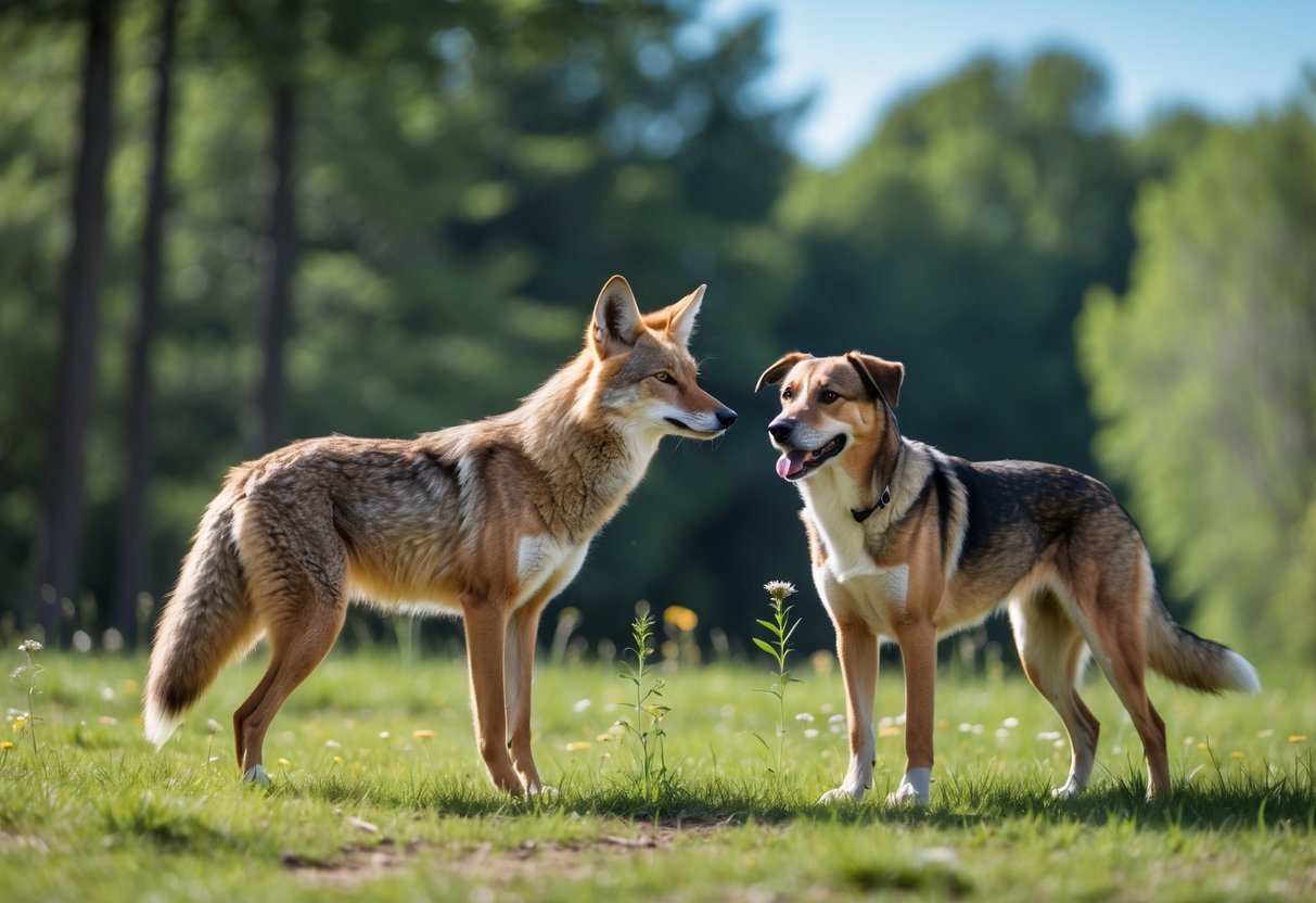 A coyote and a domestic dog standing close together in a sunlit forest clearing surrounded by grass and trees.
