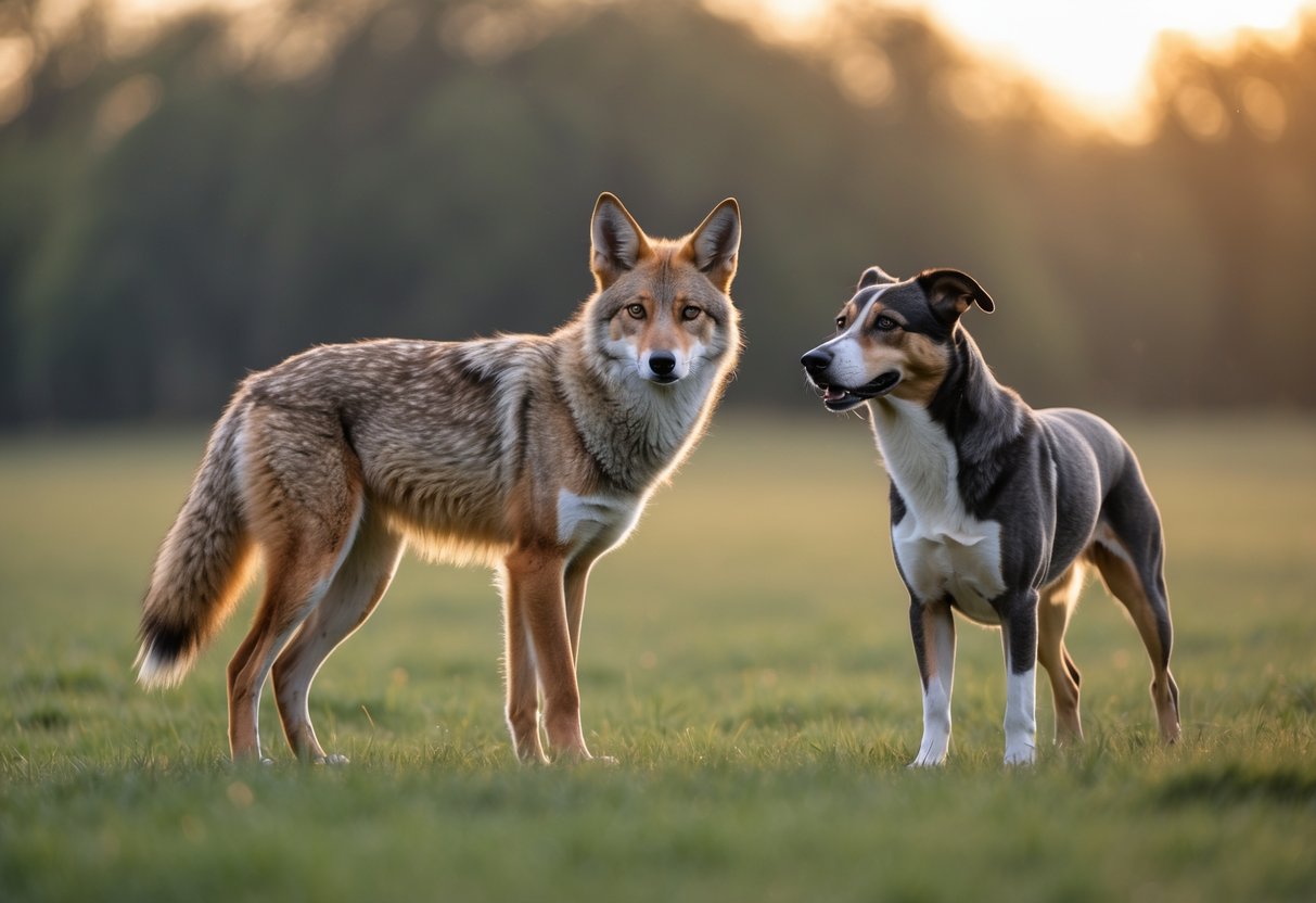 A coyote and a domestic dog standing apart in a grassy field with trees in the background at dawn.