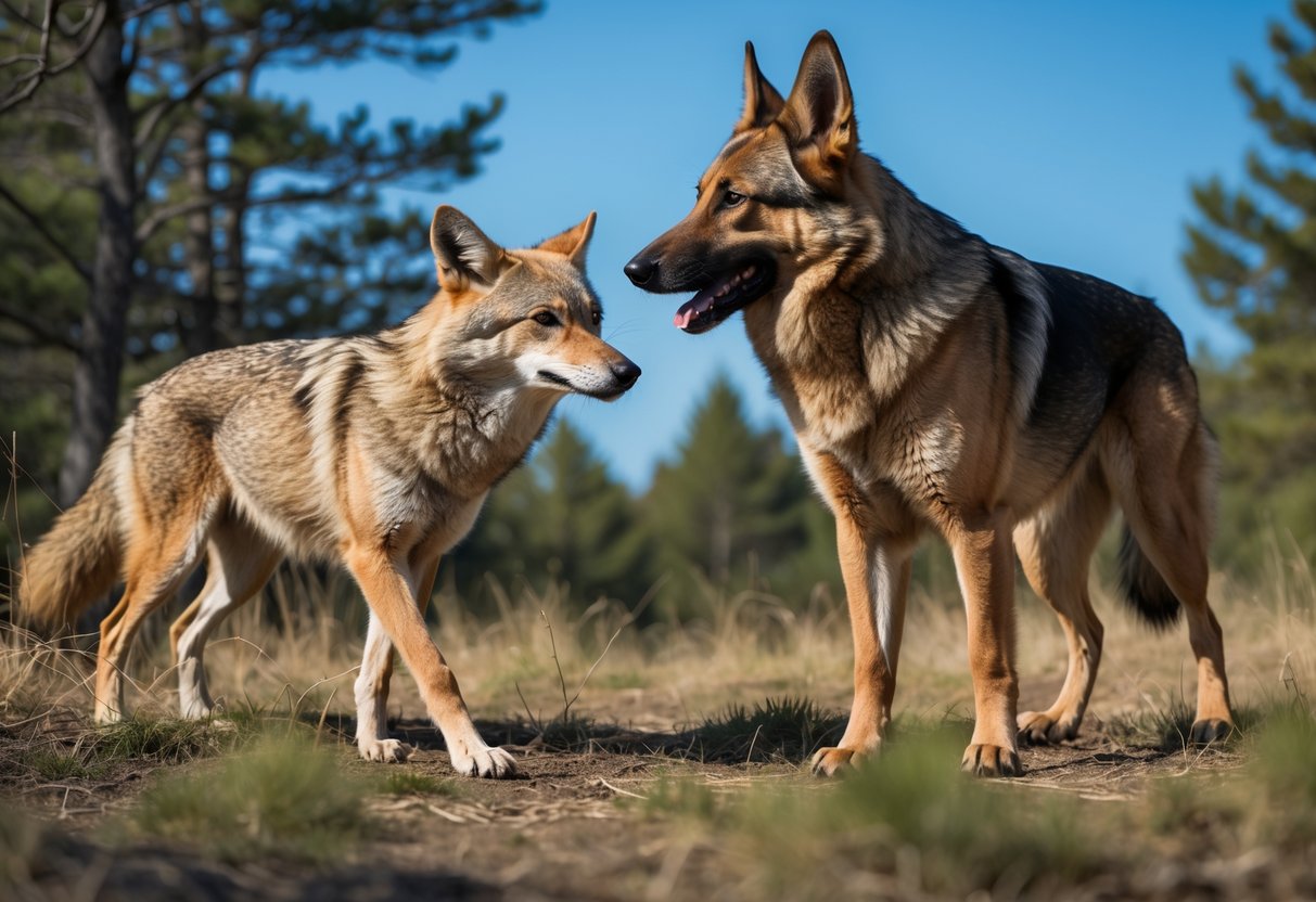 A coyote and a German shepherd facing each other outdoors near a forest.