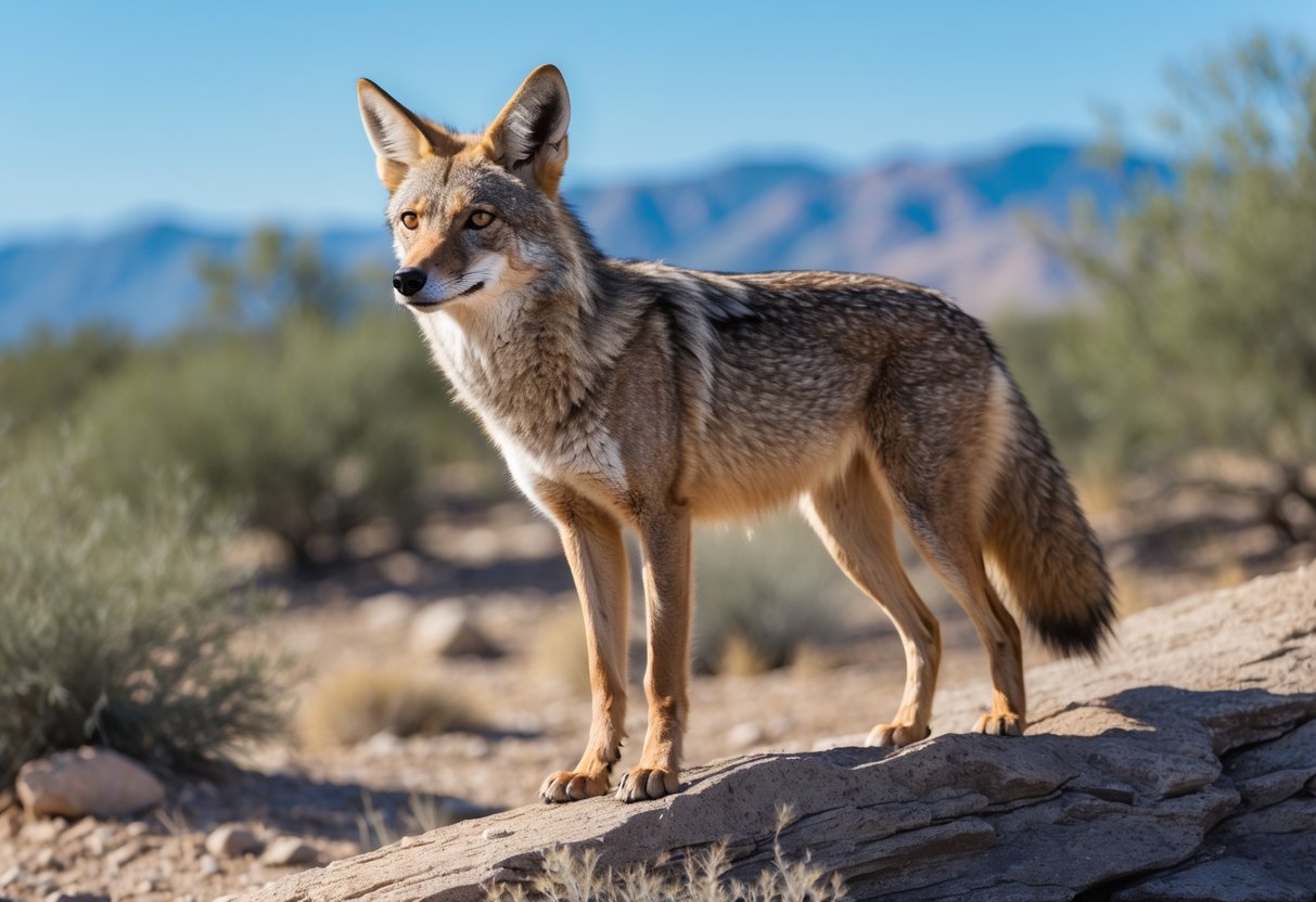 A coyote standing on rocky ground with desert plants and mountains in the background.